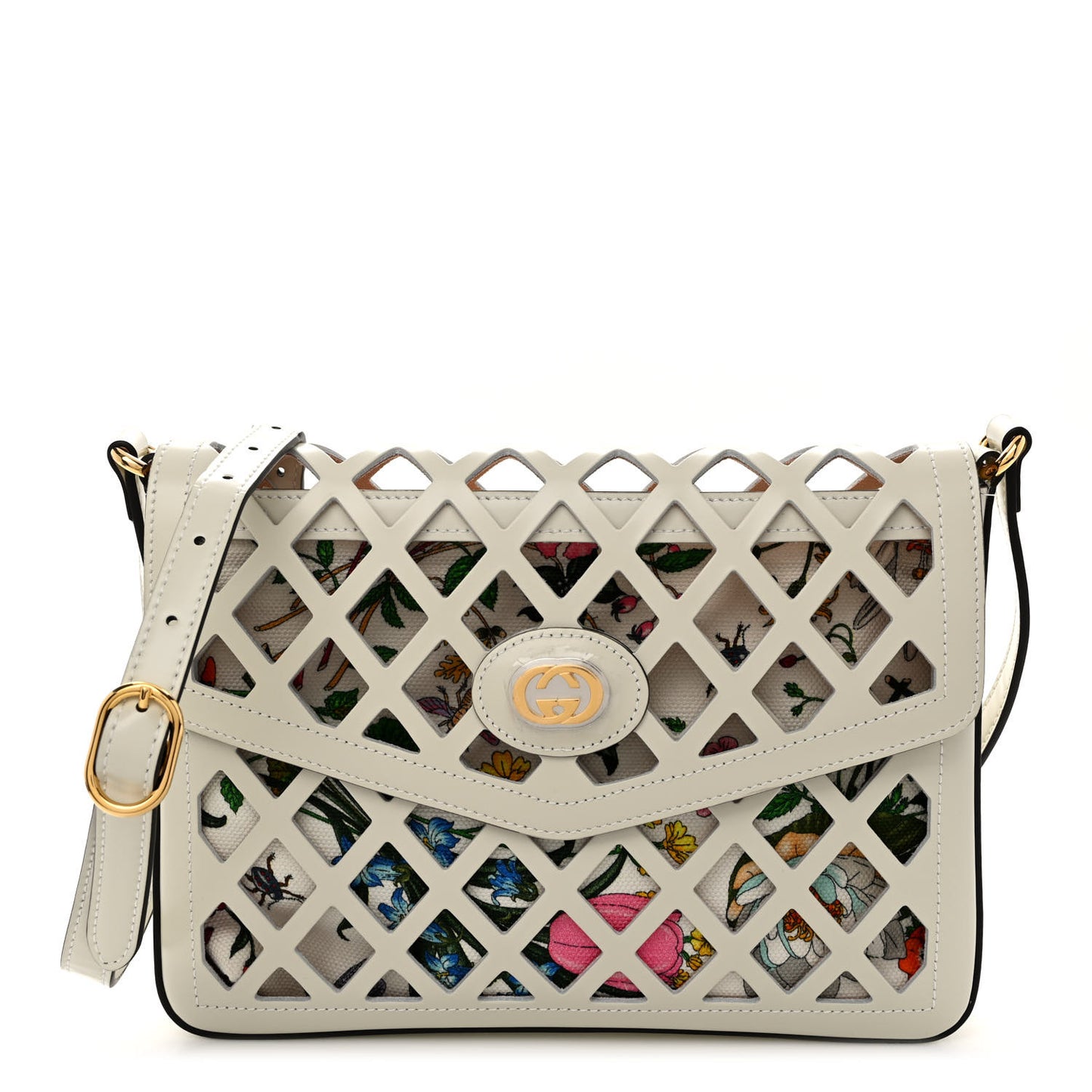Canvas Flora Floral Calfskin Medium Cutout Shoulder Bag White Multicolor