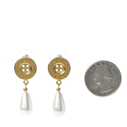 Chanel Metal Pearl Paris Button Drop Earrings Gold 2 of 5