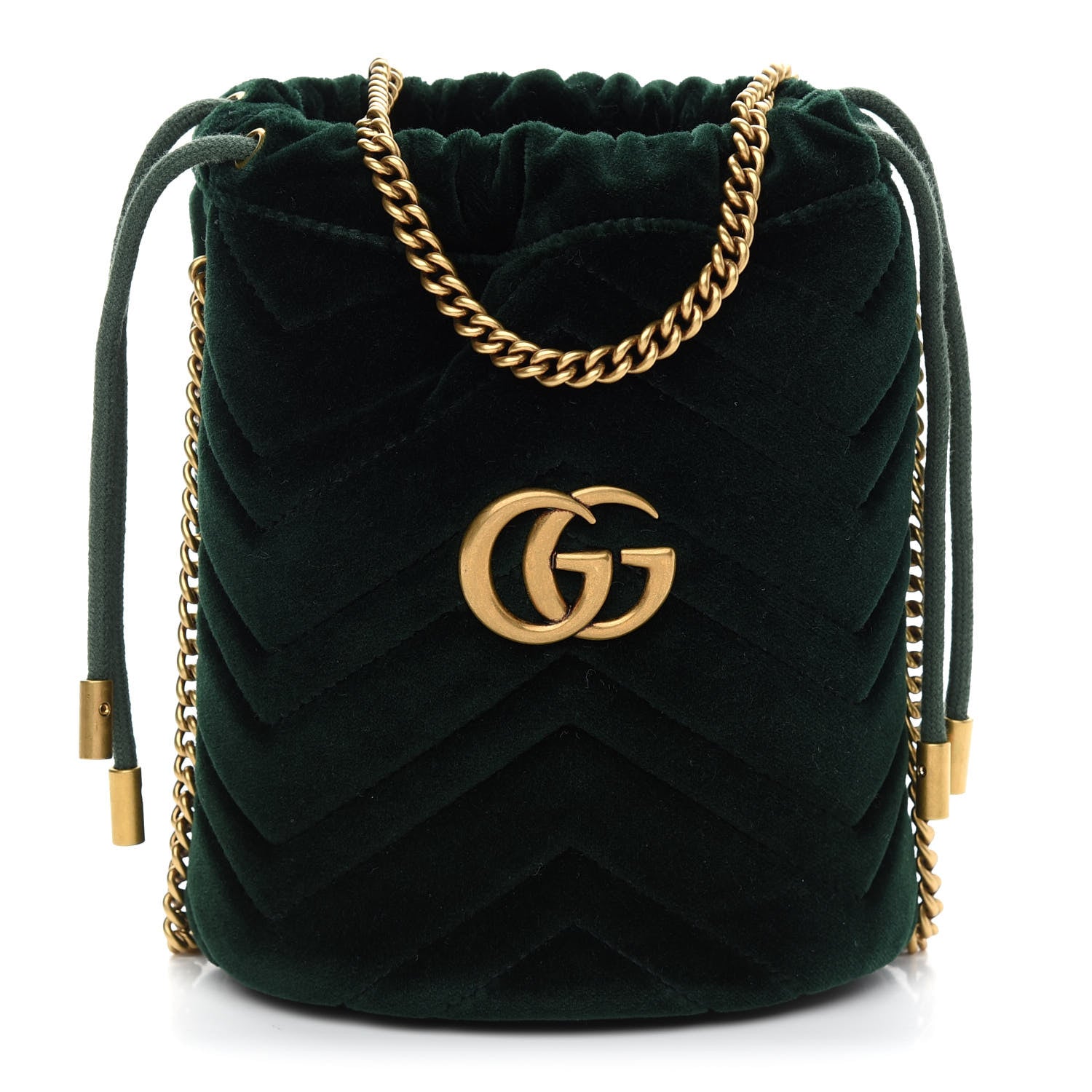 Gucci Velvet Matelasse Mini GG Marmont 2.0 Bucket Bag Dark Green 1 of 8