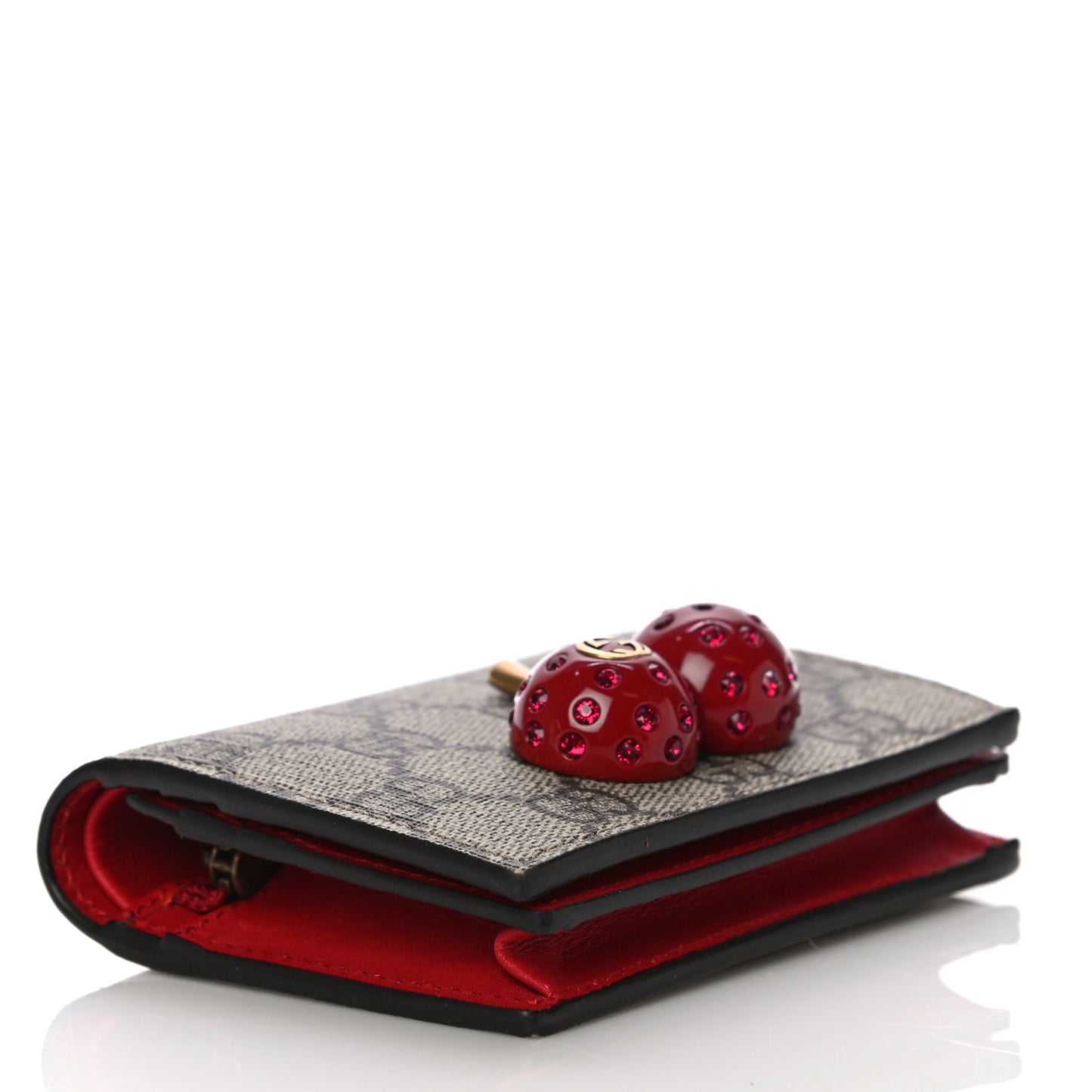 GG Supreme Monogram Cherry Embellished Card Case Wallet Hibiscus Red