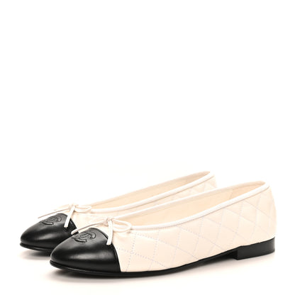 Chanel Lambskin Quilted CC Cap Toe Ballerina Flats 37.5 White Black 4 of 10