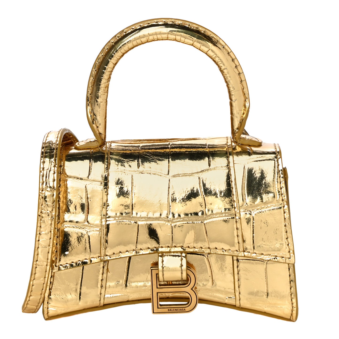 Metallic Calfskin Crocodile Embossed Hourglass Top Handle Bag Mini Gold