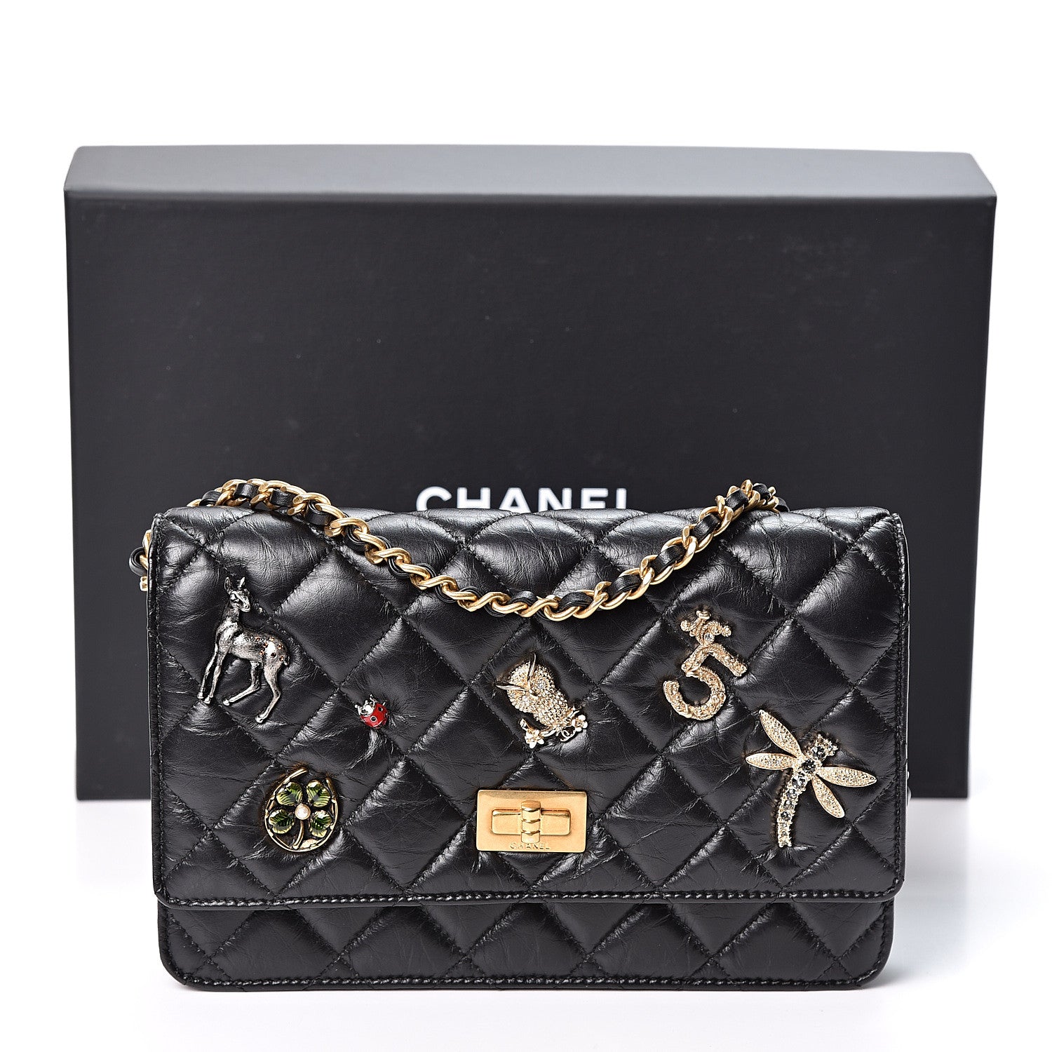 Chanel Aged Calfskin Quilted Lucky Charms 2.55 Reissue Wallet On Chain WOC Black 11 of 11