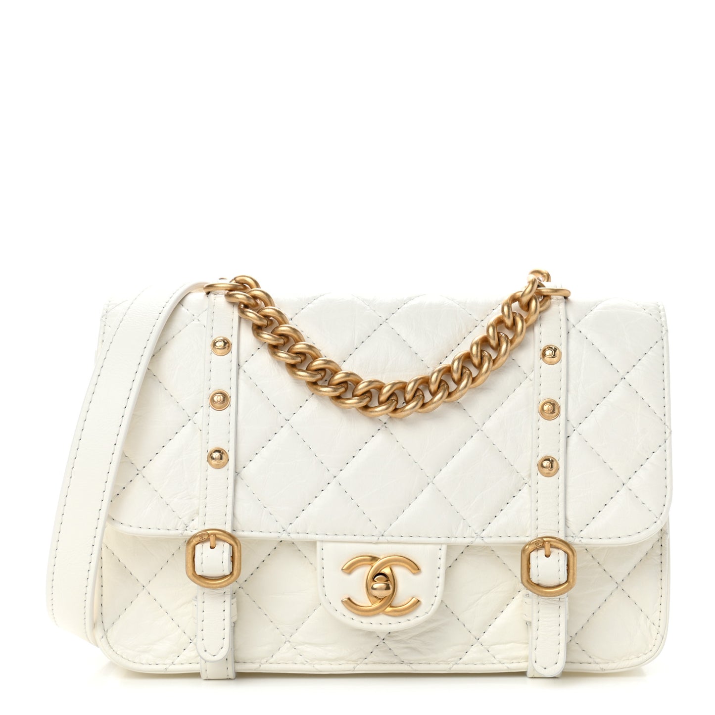 Aged Calfskin Quilted City School Flap White