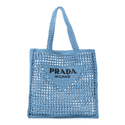 Prada Yarn Raffia Effect Crochet Logo Embroidered Tote Bag Celeste 1 of 9