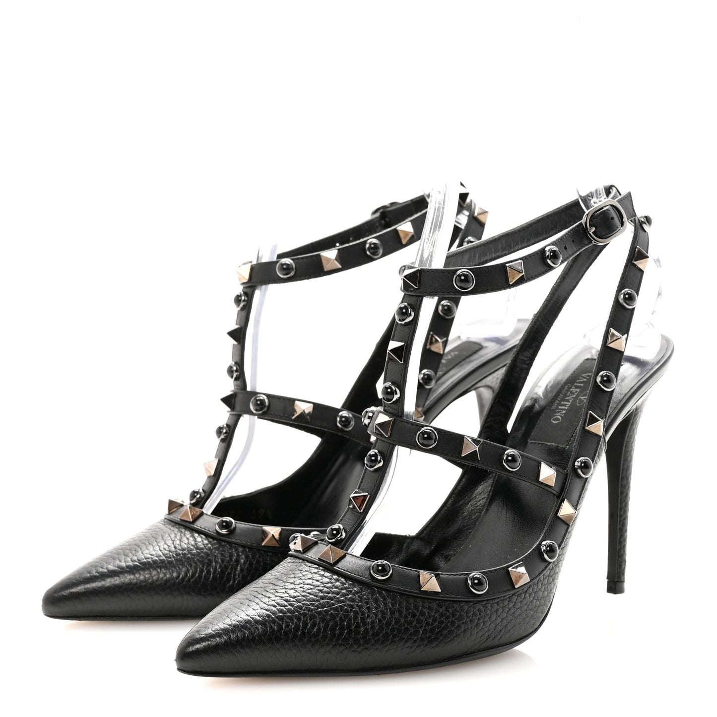 Pebbled Calfskin Onyx Rockstud Rolling Ankle Strap 100mm Pumps 39.5 Black