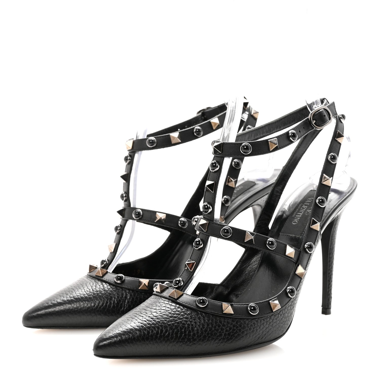 Valentino Garavani Pebbled Calfskin Onyx Rockstud Rolling Ankle Strap 100mm Pumps 39.5 Black 4 of 10