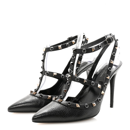 Valentino Garavani Pebbled Calfskin Onyx Rockstud Rolling Ankle Strap 100mm Pumps 39.5 Black 4 of 10