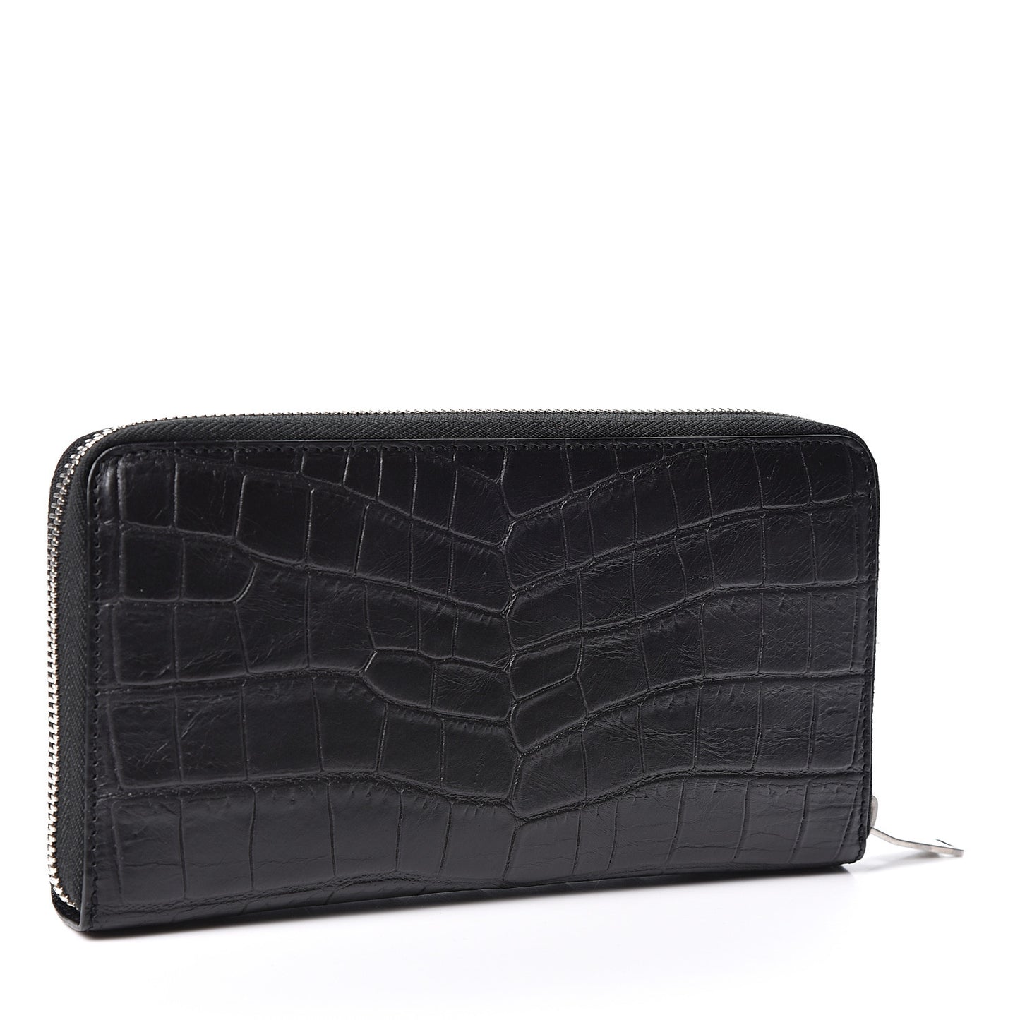 Calfskin Crocodile Embossed Zip Around Continental Wallet Black