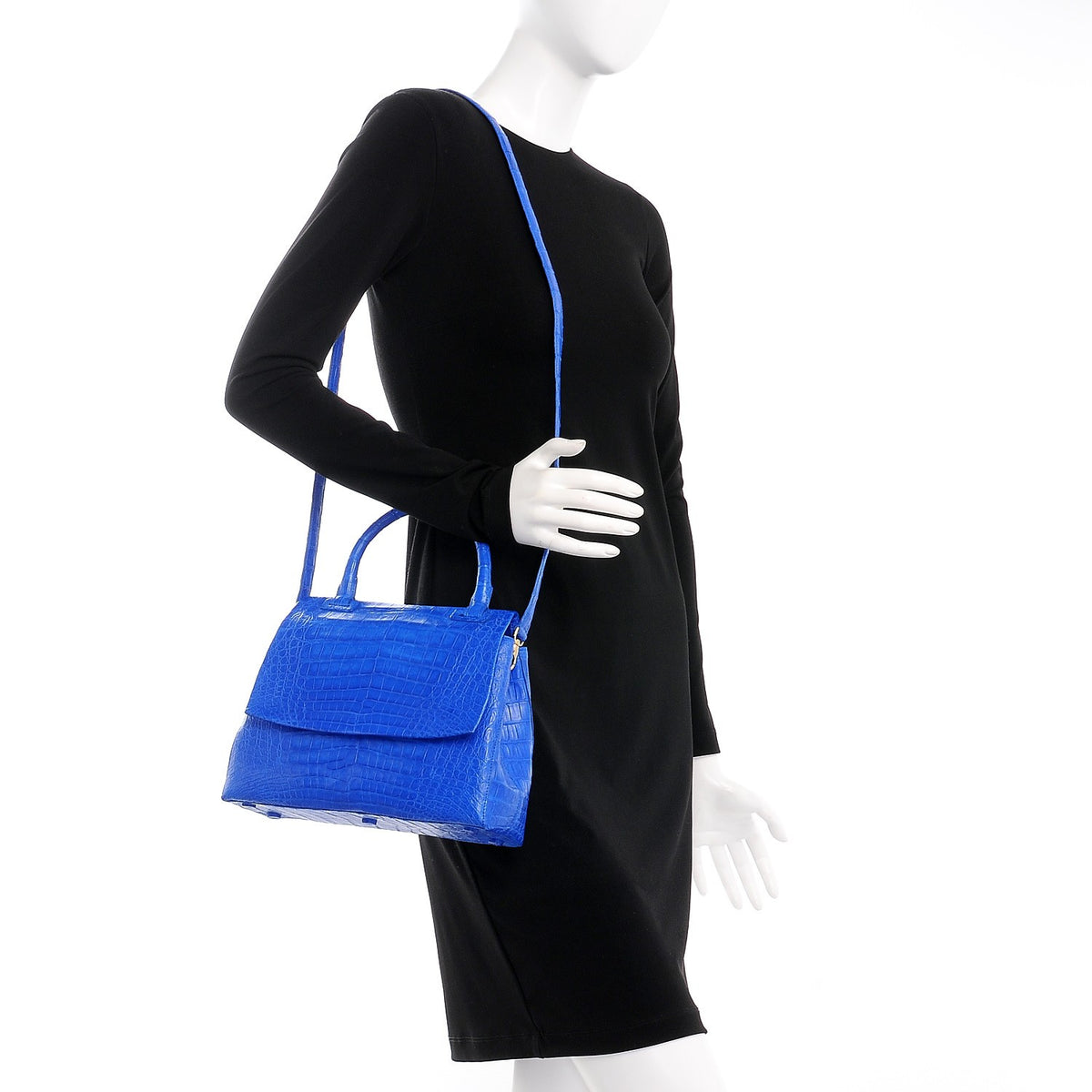 Matte Crocodile Top Handle Shoulder Bag Blue