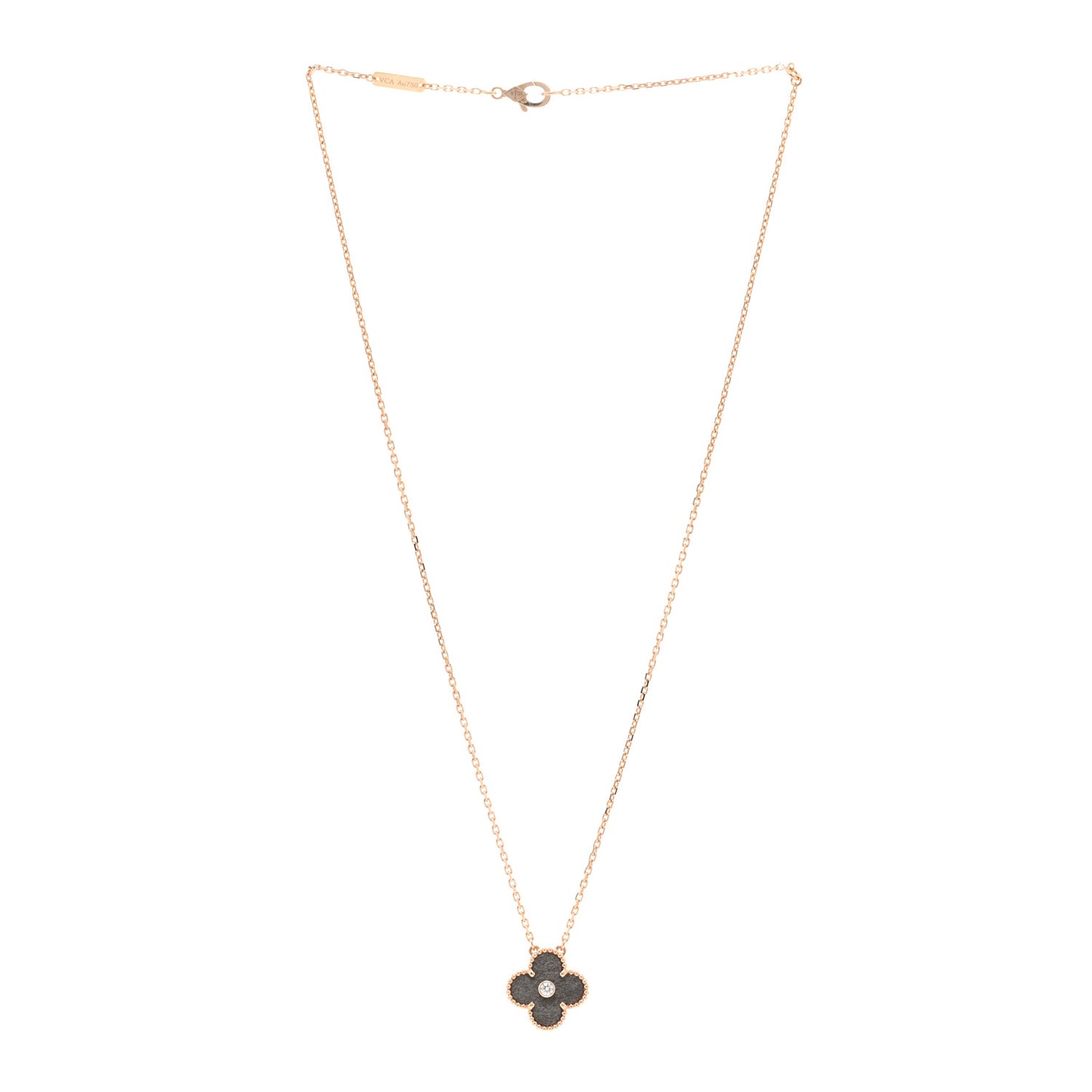 18K Rose Gold Diamond Silver Obsidian Vintage Alhambra Pendant Necklace