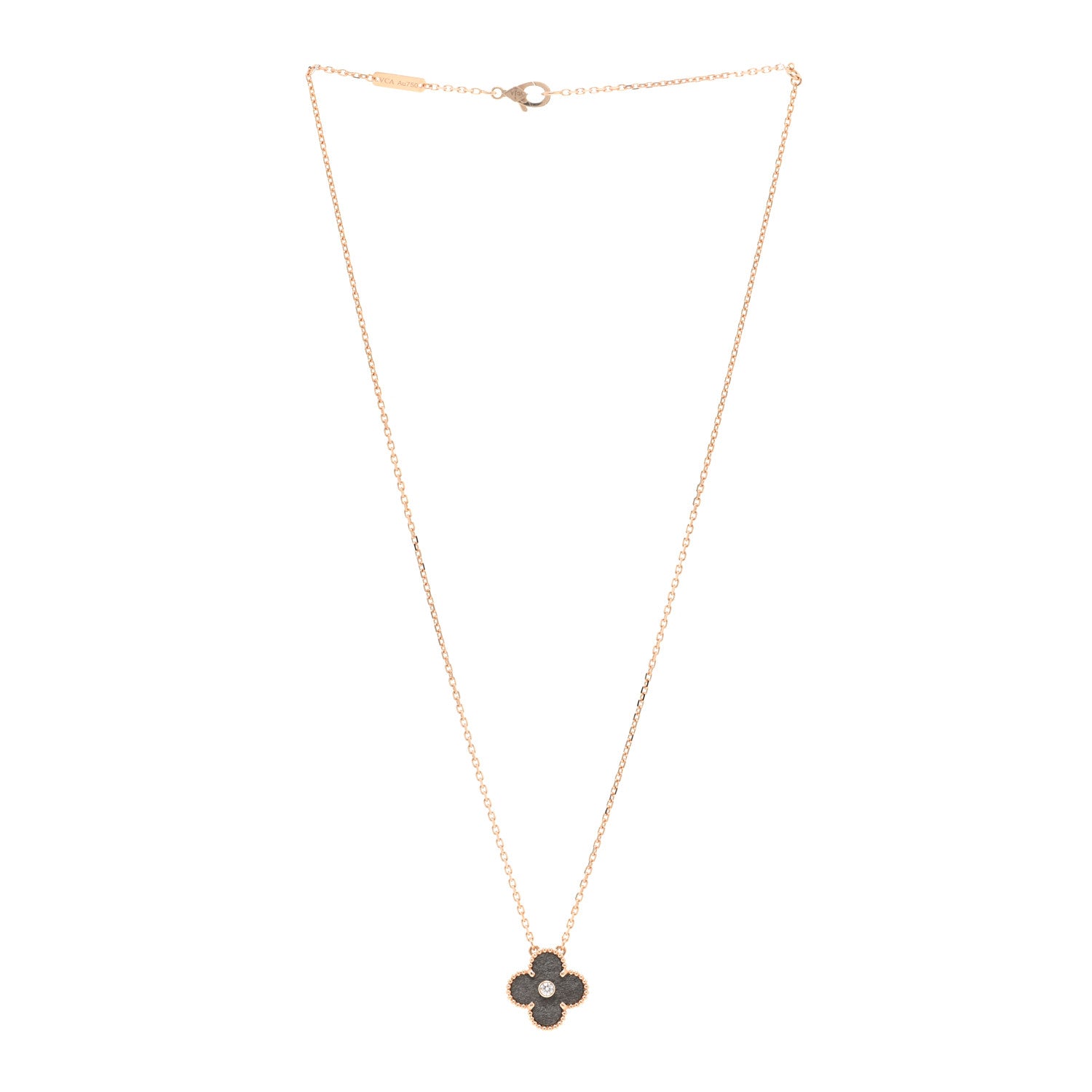 Van Cleef & Arpels 18K Rose Gold Diamond Silver Obsidian Vintage Alhambra Pendant Necklace 3 of 5