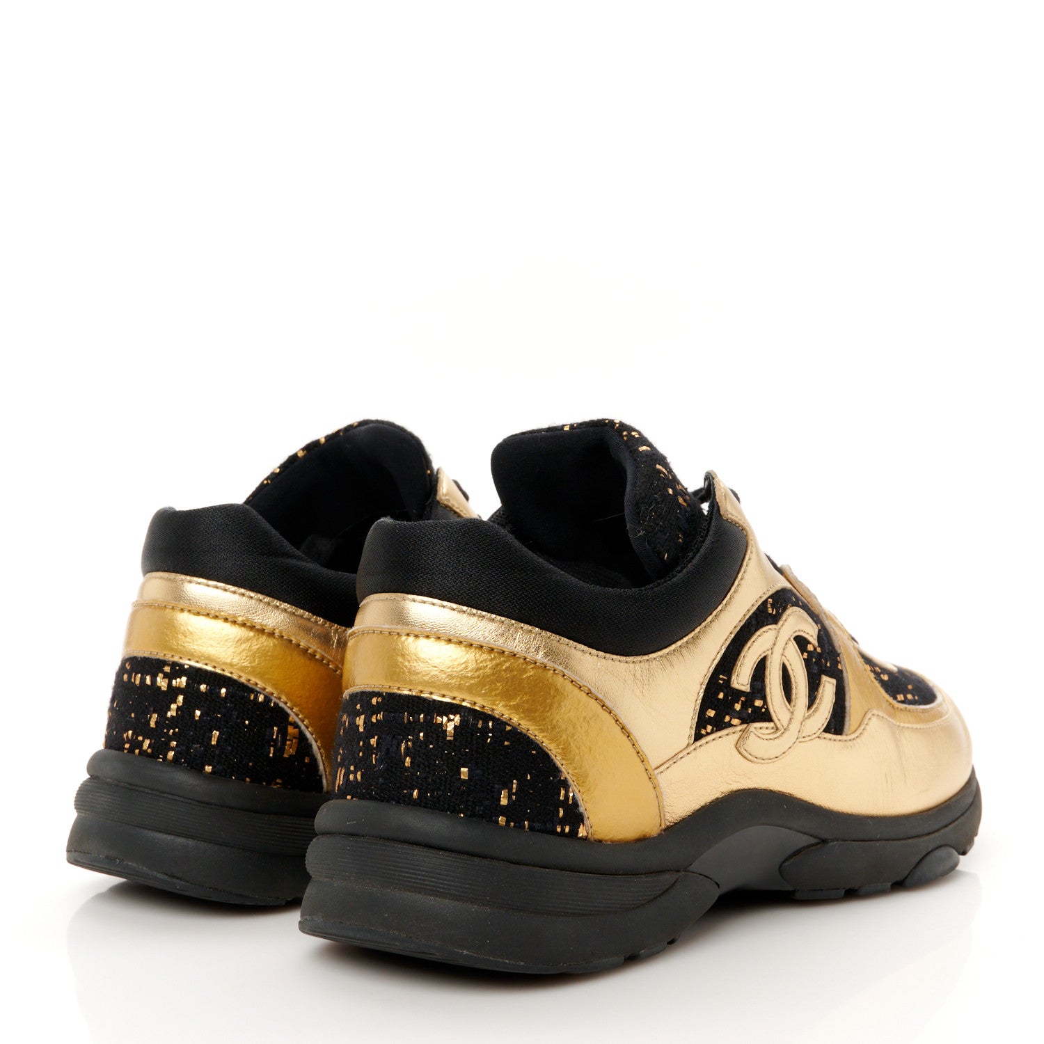 Chanel Satin Lambskin Fabric Tweed CC Sneakers 40 Gold Black 5 of 9