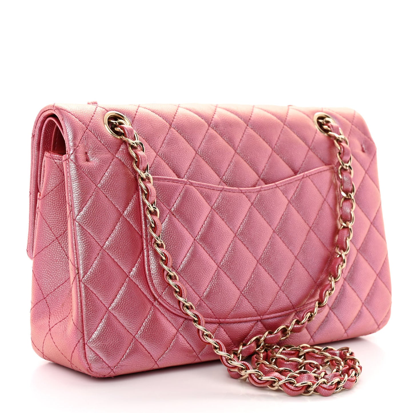 Iridescent Caviar Quilted Medium Double Flap Pink