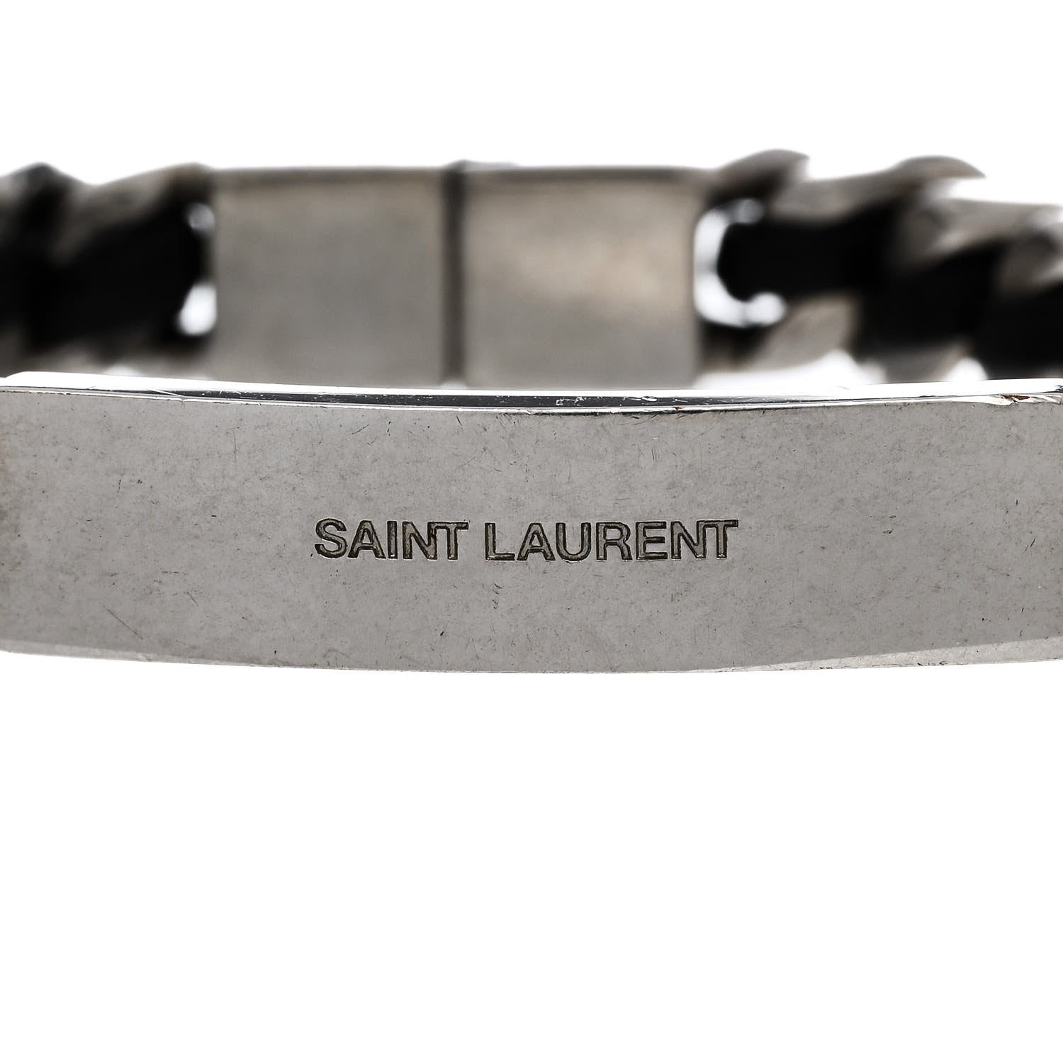 Saint Laurent Metal Leather Curb Chain Bracelet Oxidized Silver Black 4 of 6