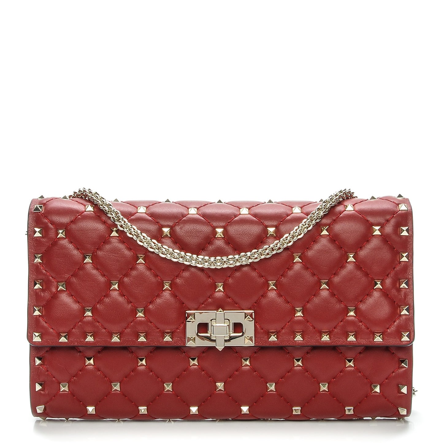 Lambskin Rockstud Spike Wallet on Chain Red