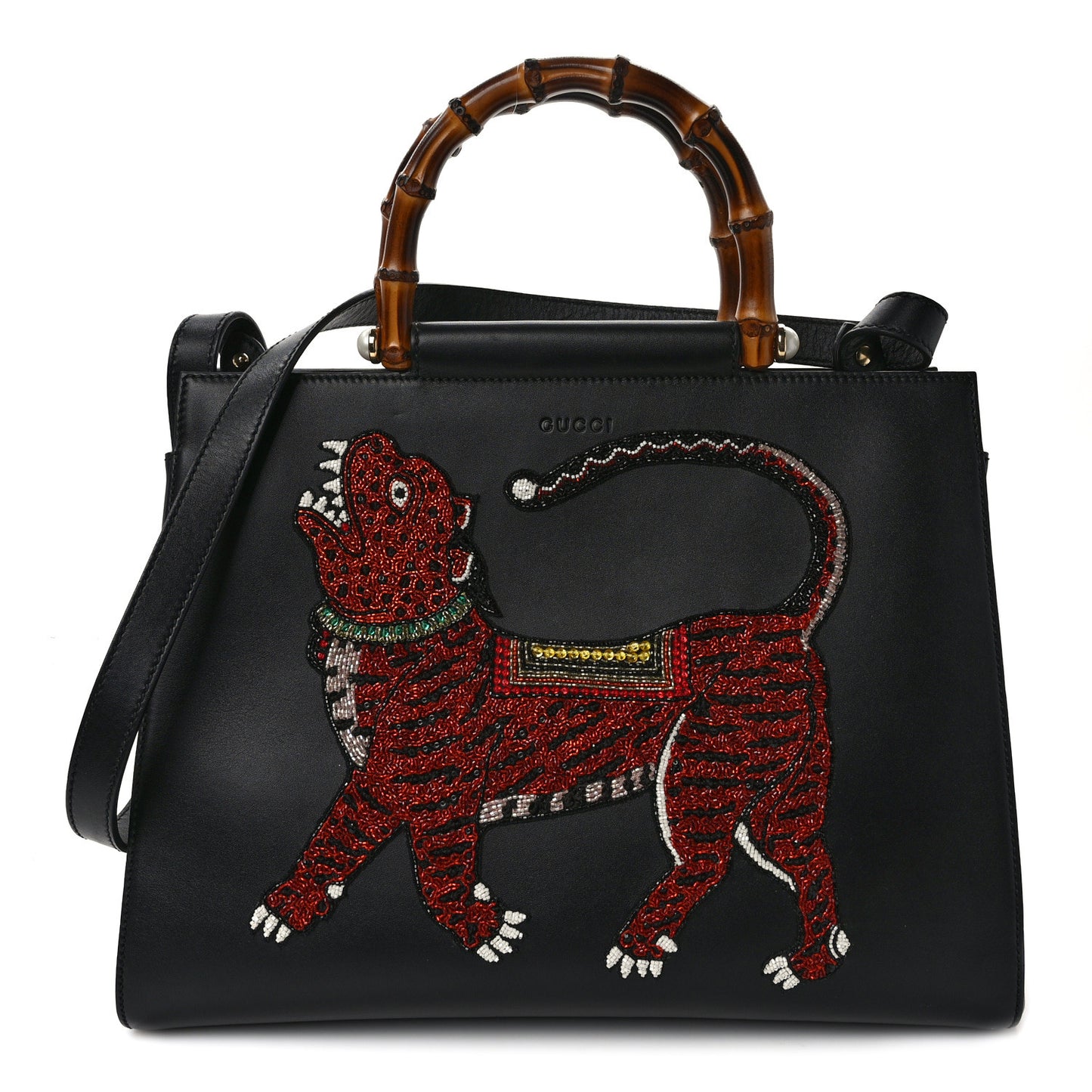 Nappa Bamboo Embroidered Medium Nymphaea Top Handle Bag Black