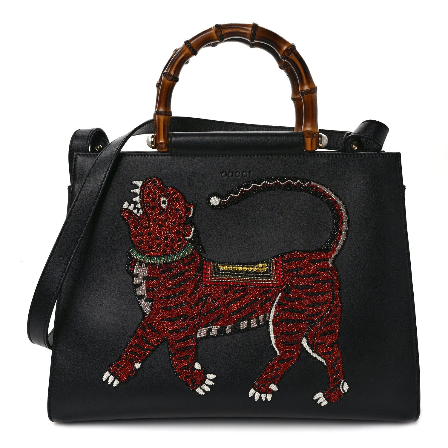Gucci Nappa Bamboo Embroidered Medium Nymphaea Top Handle Bag Black 1 of 14