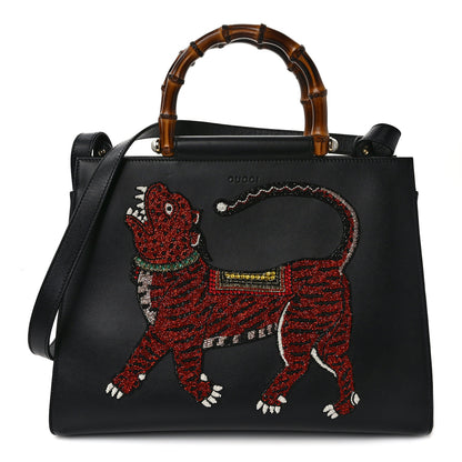 Gucci Nappa Bamboo Embroidered Medium Nymphaea Top Handle Bag Black 1 of 14