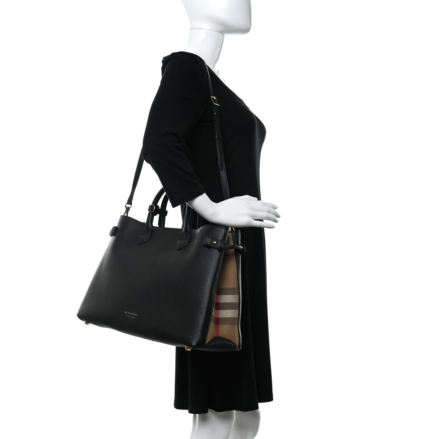 Grainy Calfskin House Check Large Banner Tote Black