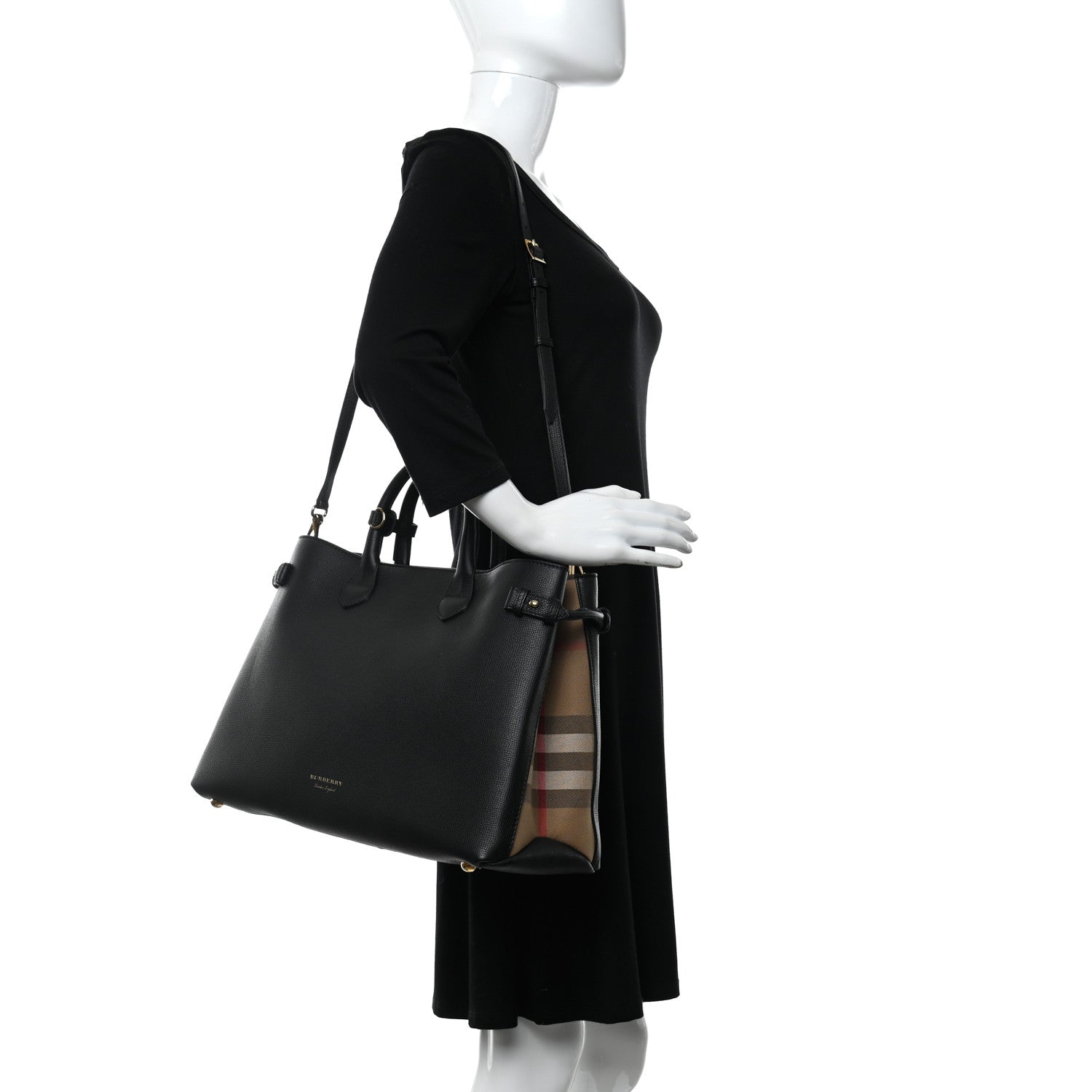 Burberry Grainy Calfskin House Check Large Banner Tote Black 2 of 12