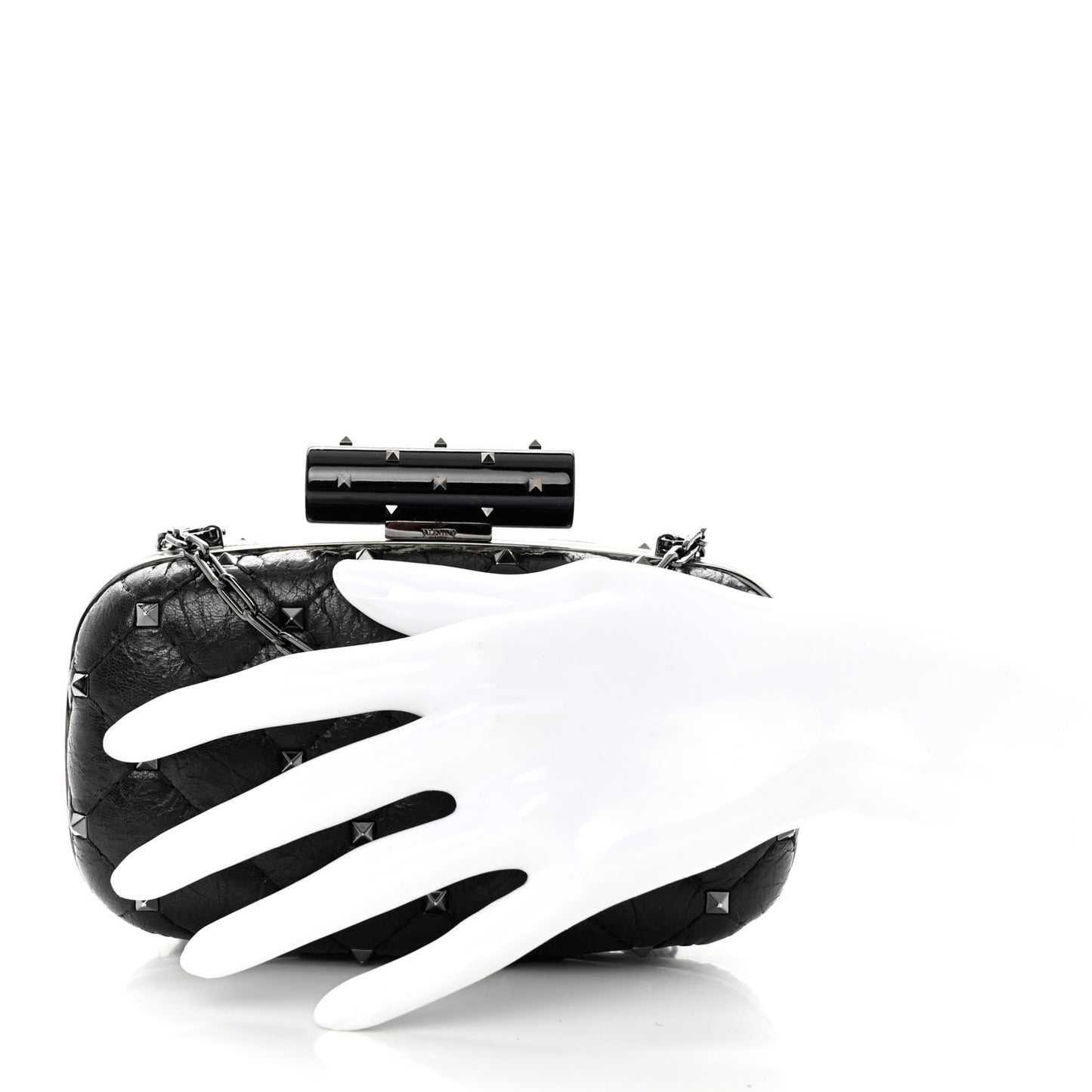 Craquele Nappa Rockstud Spike Minaudiere Clutch Black