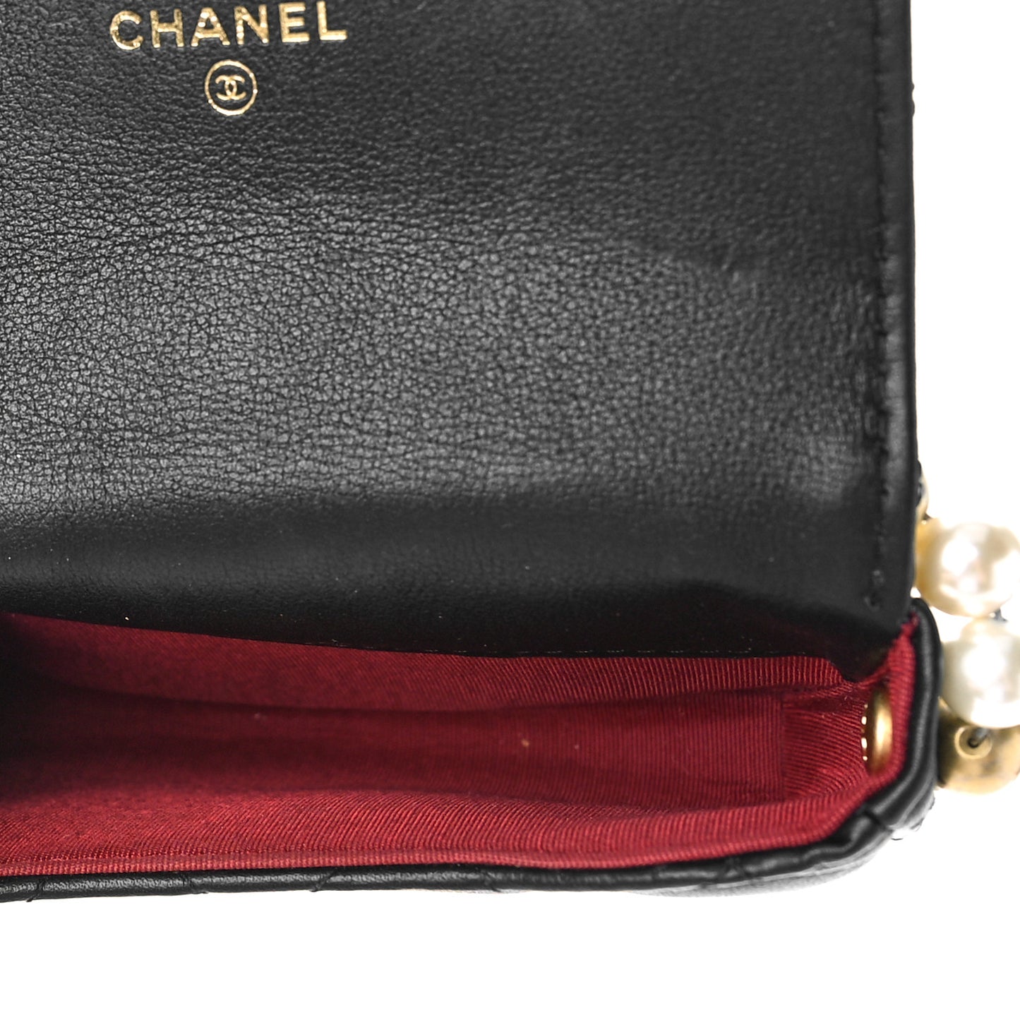 Calfskin Quilted About Pearls Card Holder Flap With Chain Black