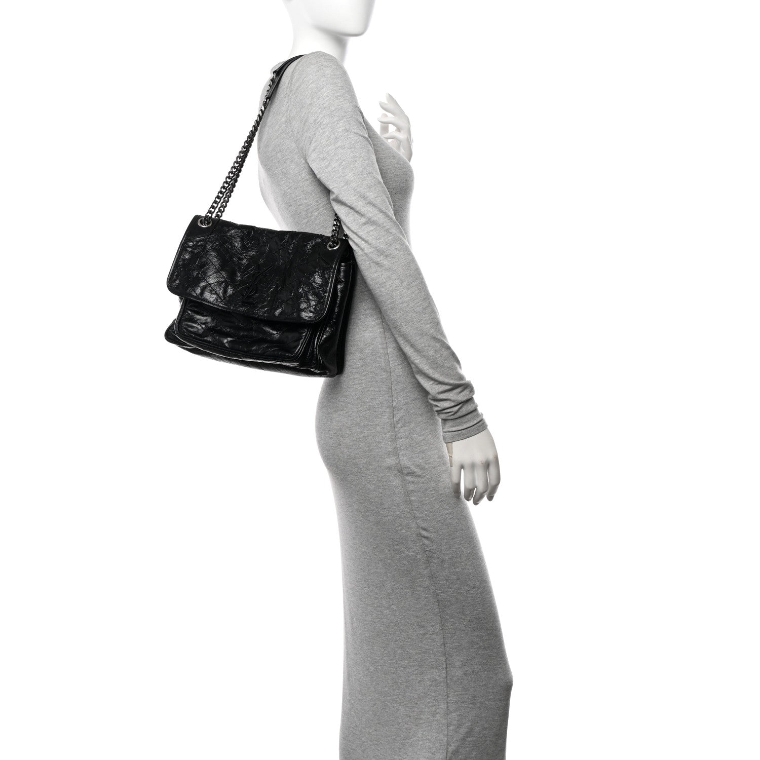 Saint Laurent Crinkled Calfskin Matelasse Monogram Medium Niki Chain Satchel Black 2 of 10