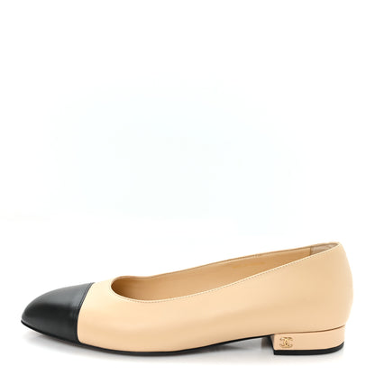 Chanel Lambskin Cap Toe CC Uniform Ballerina Flats 39 Beige Black 1 of 10