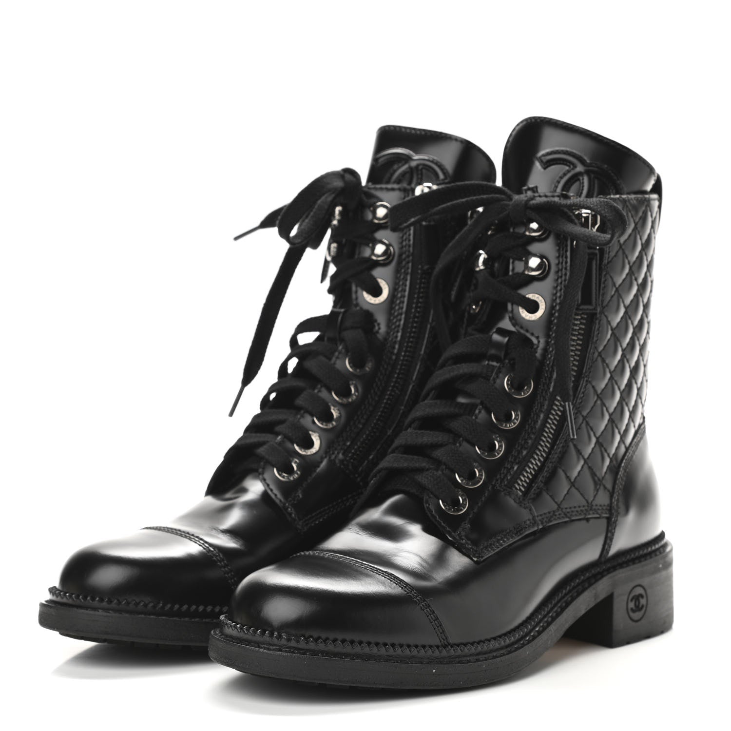 Chanel Calfskin Quilted Lace Up Combat Boots 36 Black 3 of 8
