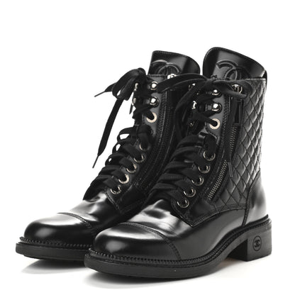 Chanel Calfskin Quilted Lace Up Combat Boots 36 Black 3 of 8