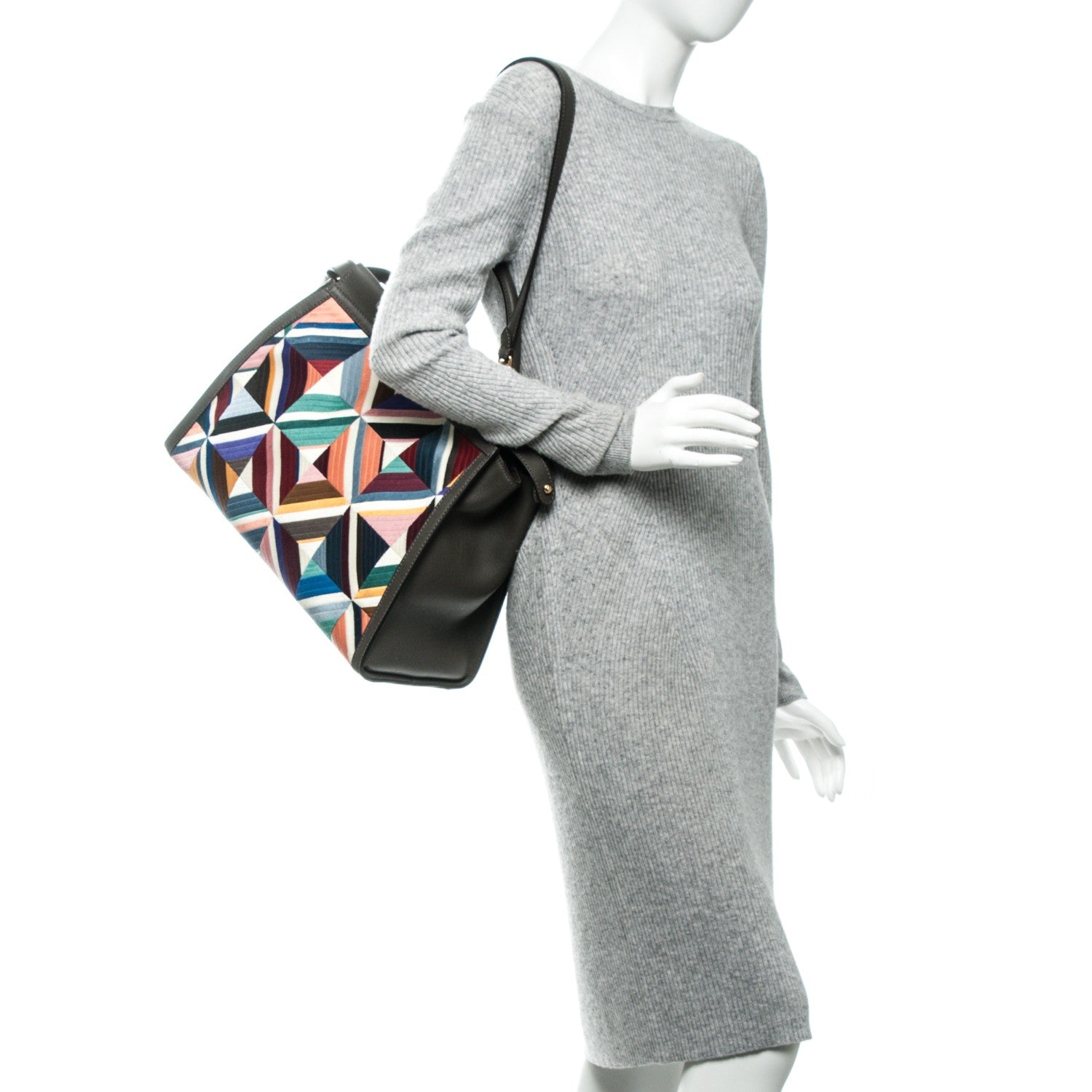 Fendi Calfskin Geometric Embroidered Large Peekaboo Iconic Satchel Grey 2 of 7