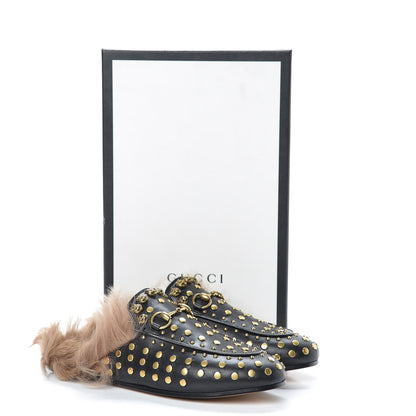 Gucci Calfskin Lambswool Studded Womens Princetown Slippers 37 Black 8 of 8