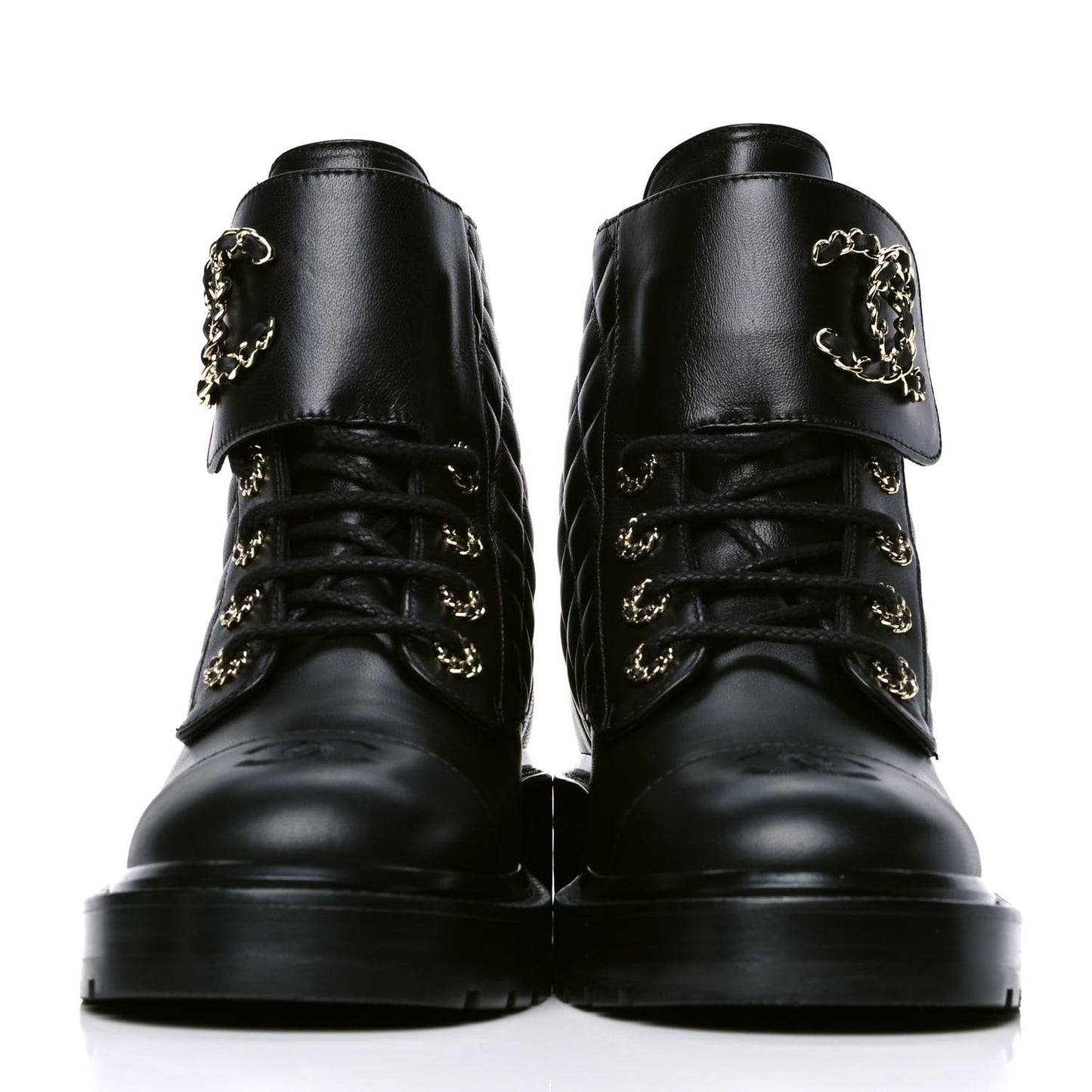 Shiny Lambskin Quilted Lace Up Combat Boots 39 Black