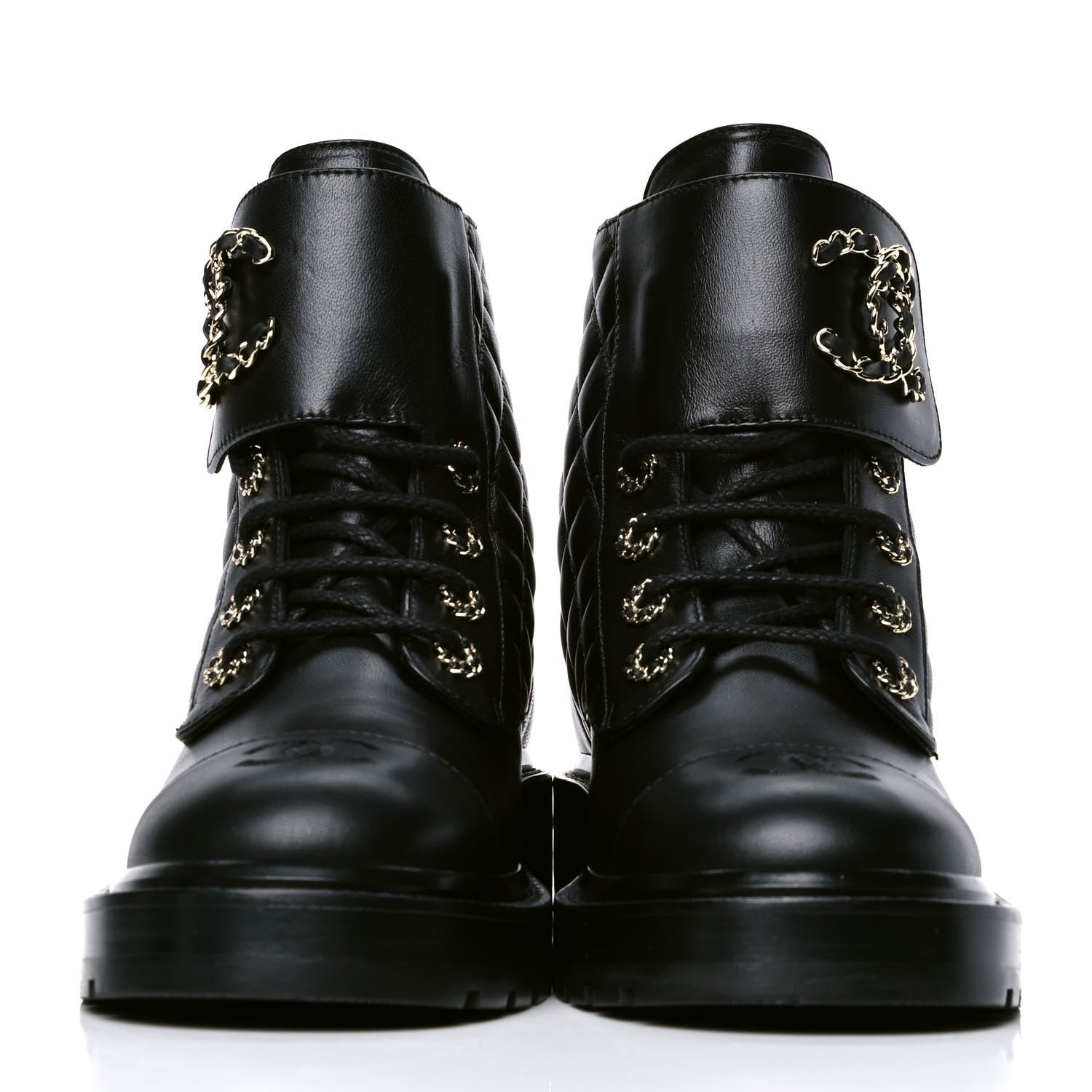 Chanel Shiny Lambskin Quilted Lace Up Combat Boots 39 Black 2 of 4