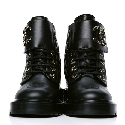 Chanel Shiny Lambskin Quilted Lace Up Combat Boots 39 Black 2 of 4