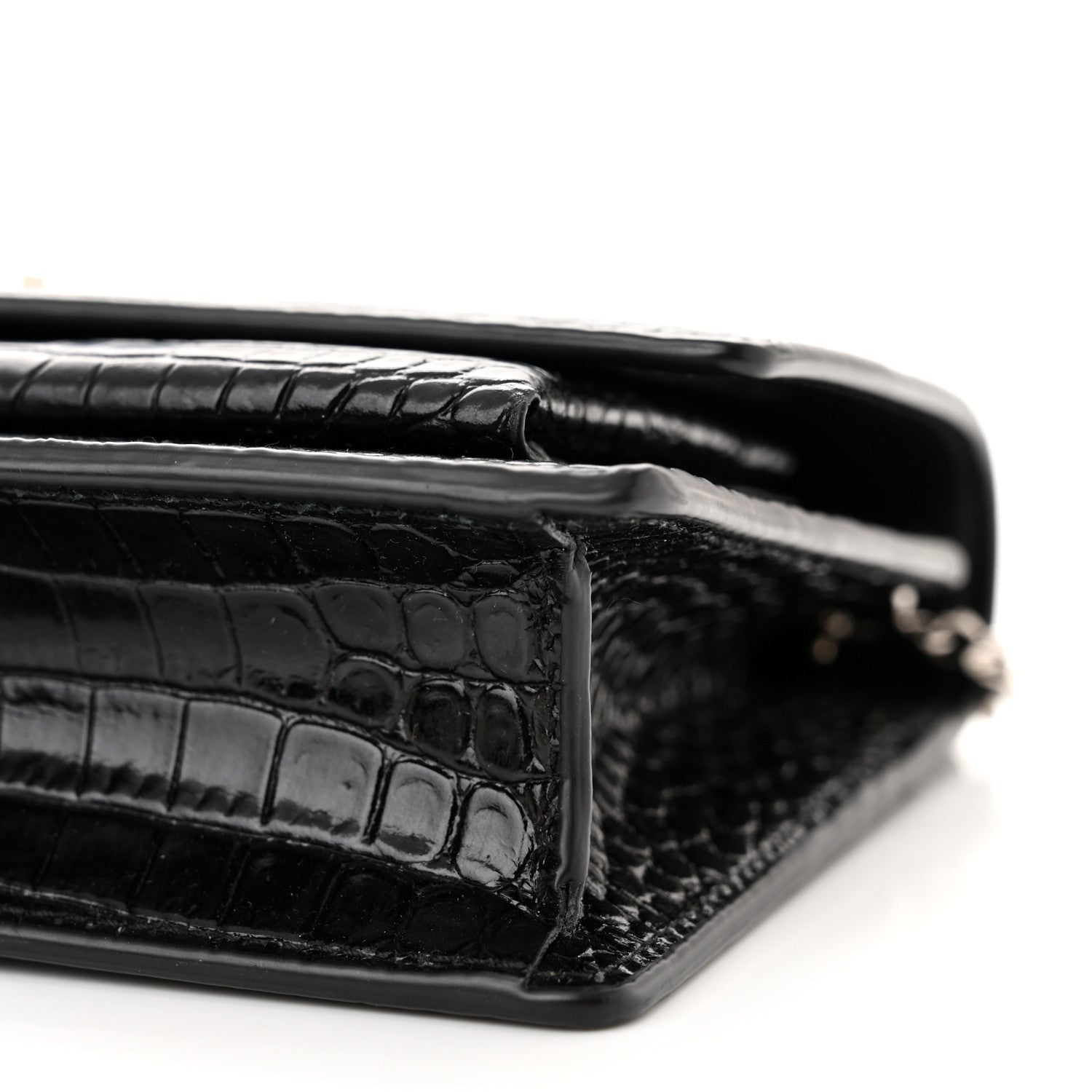 Saint Laurent Calfskin Crocodile Embossed Monogram Sunset Top Handle Chain Wallet Black 9 of 9