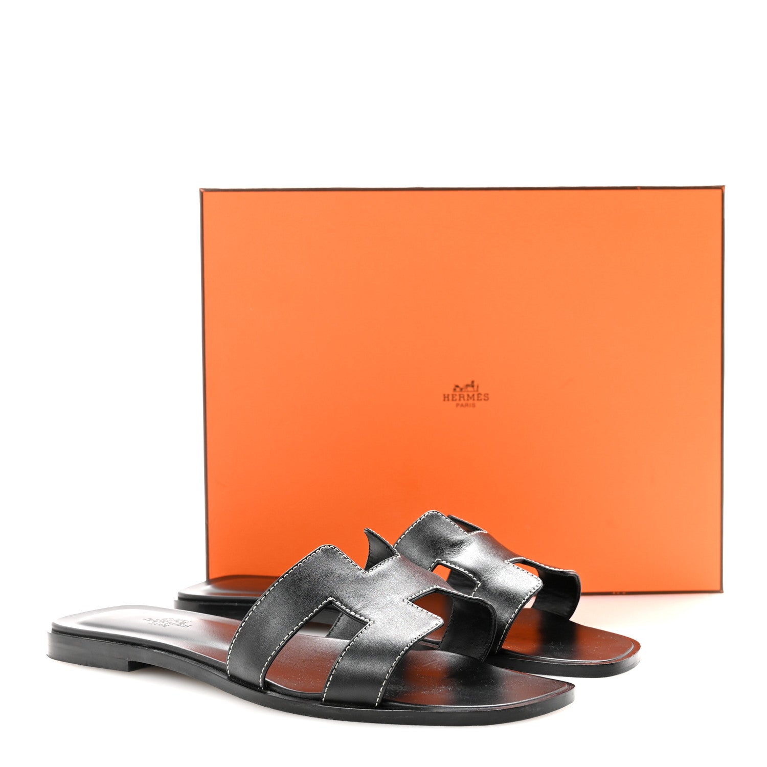 Hermes Box Calfskin Oran Sandals 39.5 Black 10 of 10
