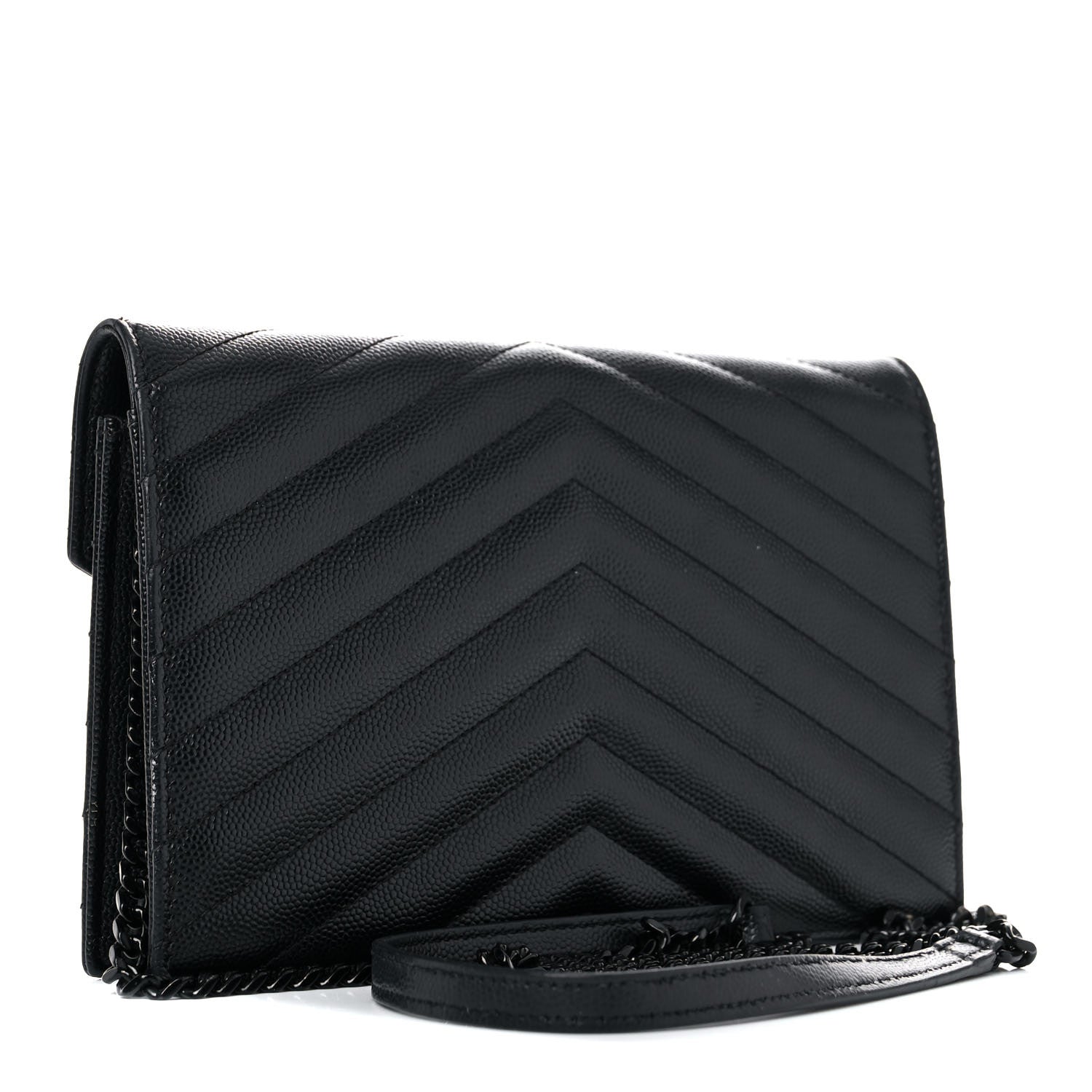 Saint Laurent Grain De Poudre Matelasse Chevron Monogram Monochrome Envelope Chain Wallet Black 5 of 18