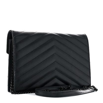 Saint Laurent Grain De Poudre Matelasse Chevron Monogram Monochrome Envelope Chain Wallet Black 5 of 18