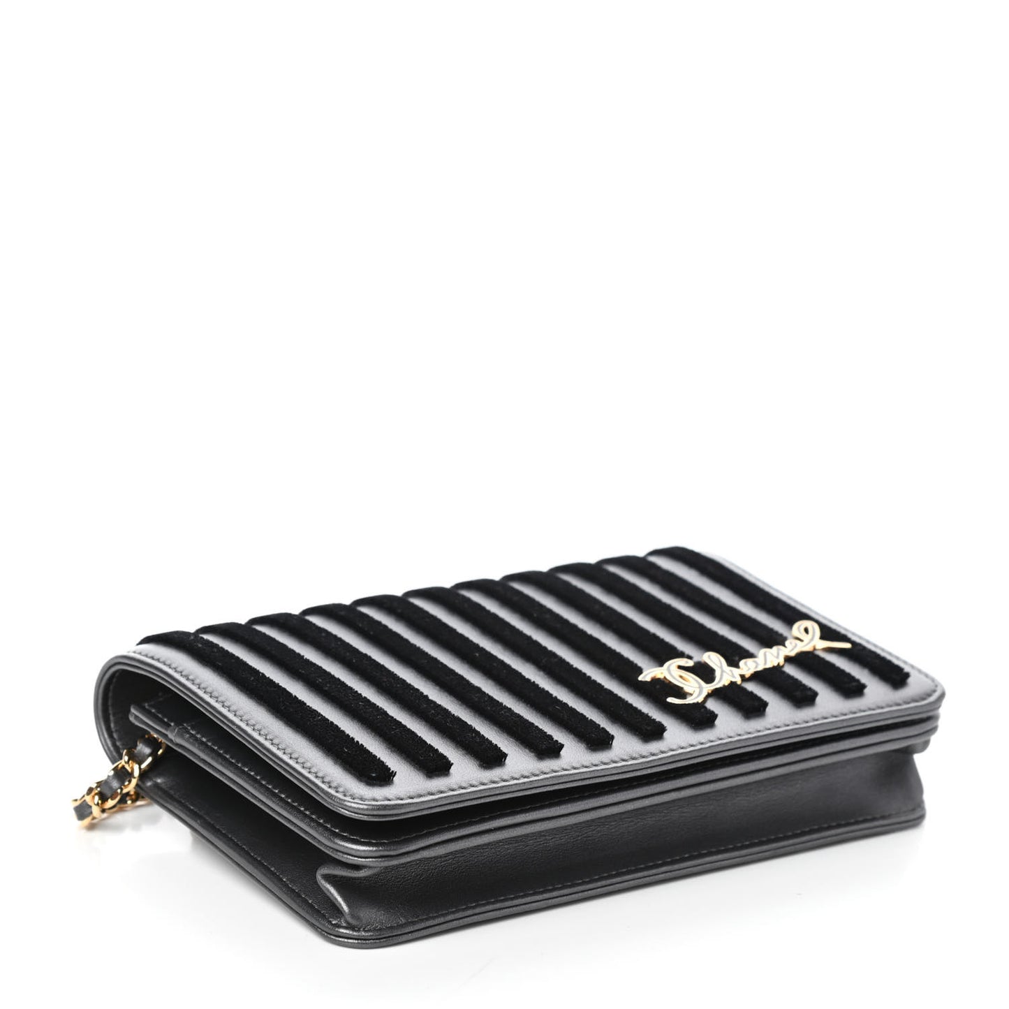 Iridescent Calfskin Velvet Stripe Wallet On Chain WOC Charcoal