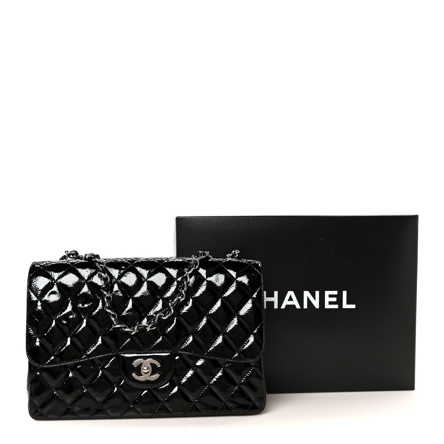 Distressed Patent Quilted Jumbo Single Flap Black