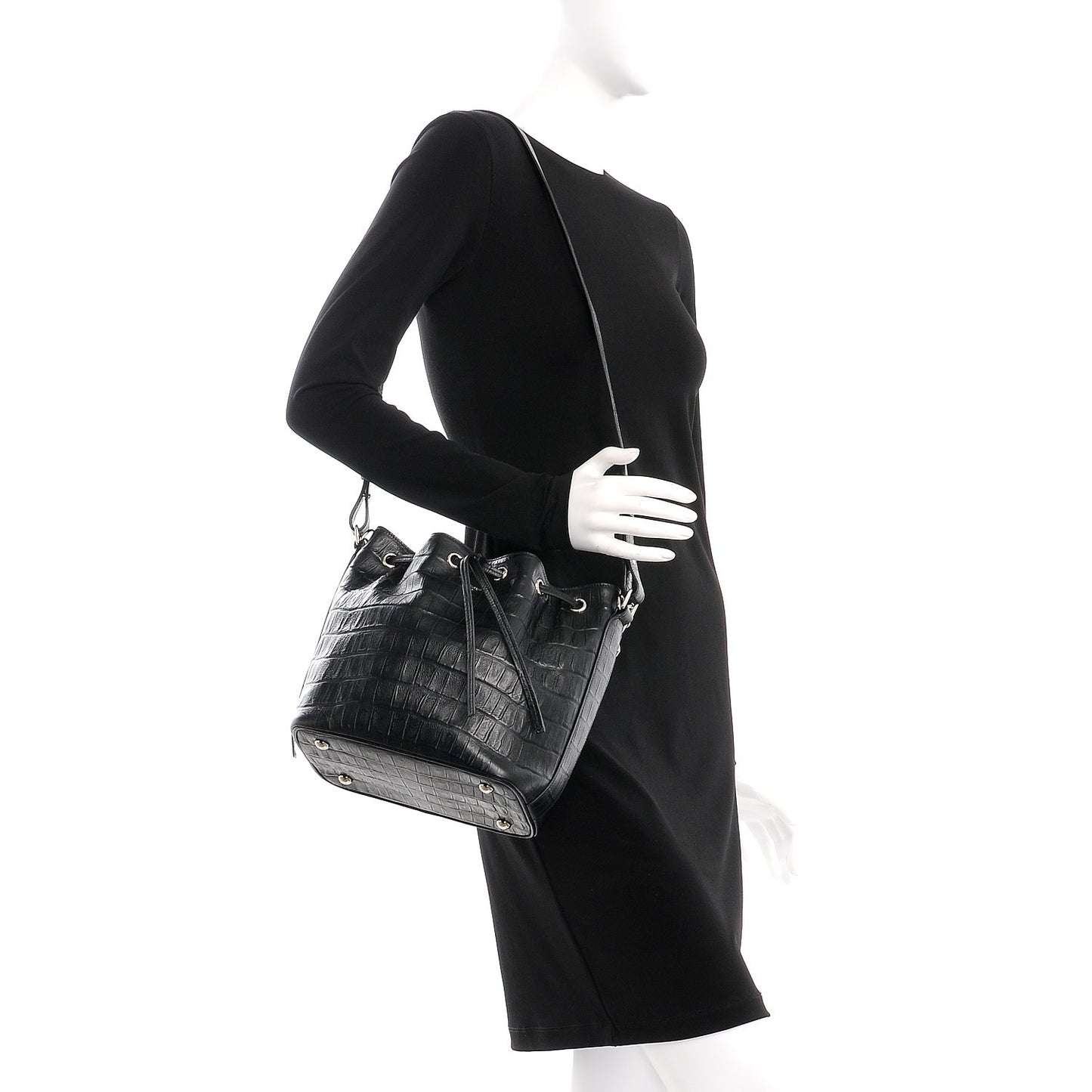 Calfskin Crocodile Embossed Medium Emmanuelle Bucket Bag Black
