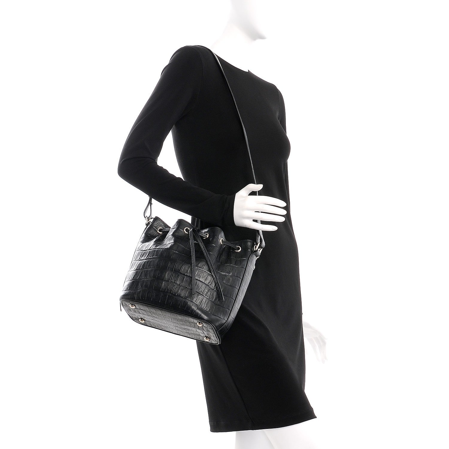Saint Laurent Calfskin Crocodile Embossed Medium Emmanuelle Bucket Bag Black 2 of 8