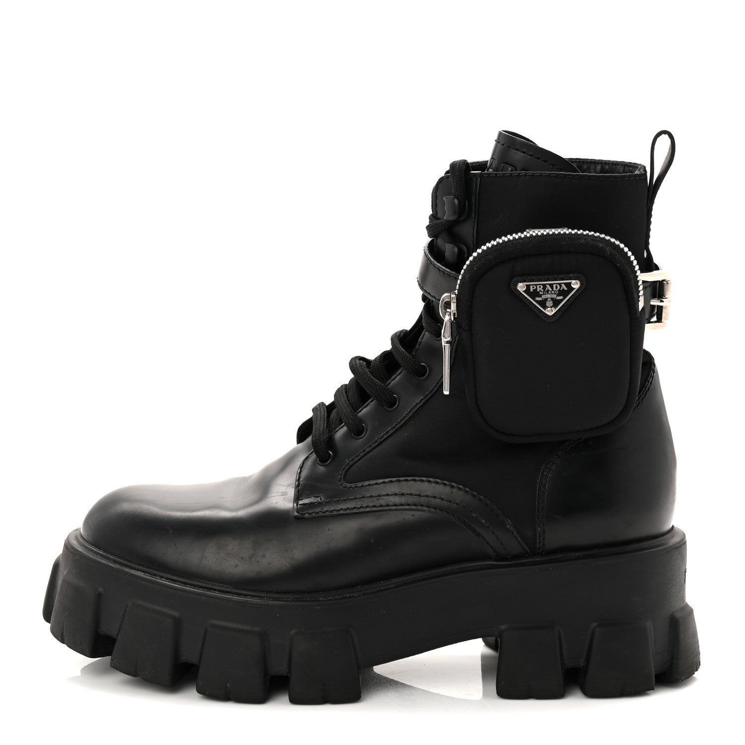 Prada Spazzolato Rois Re-Nylon Metal Triangle Logo Monolith Pouch Pocket 55mm Boots 39.5 Black 1 of 10