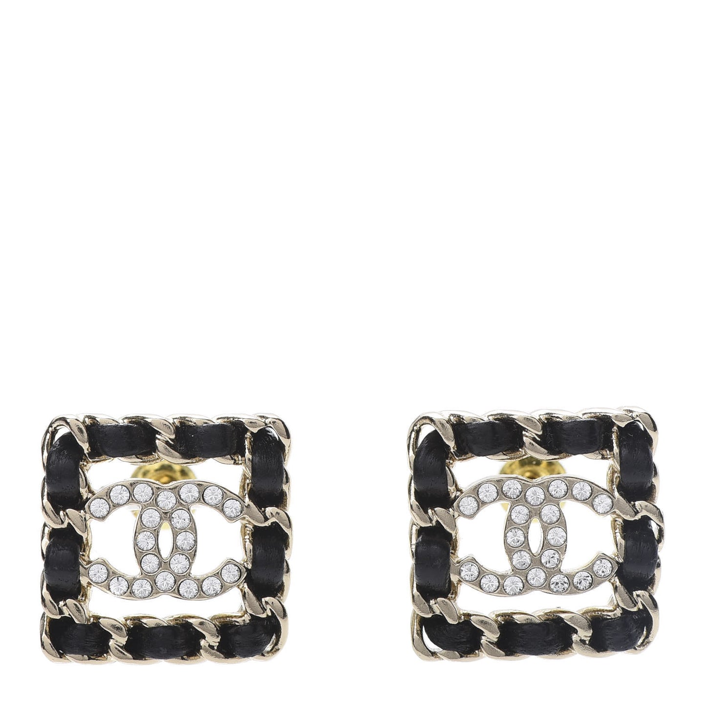 Crystal Lambskin Chain Sergeant Stud Earrings Black Gold