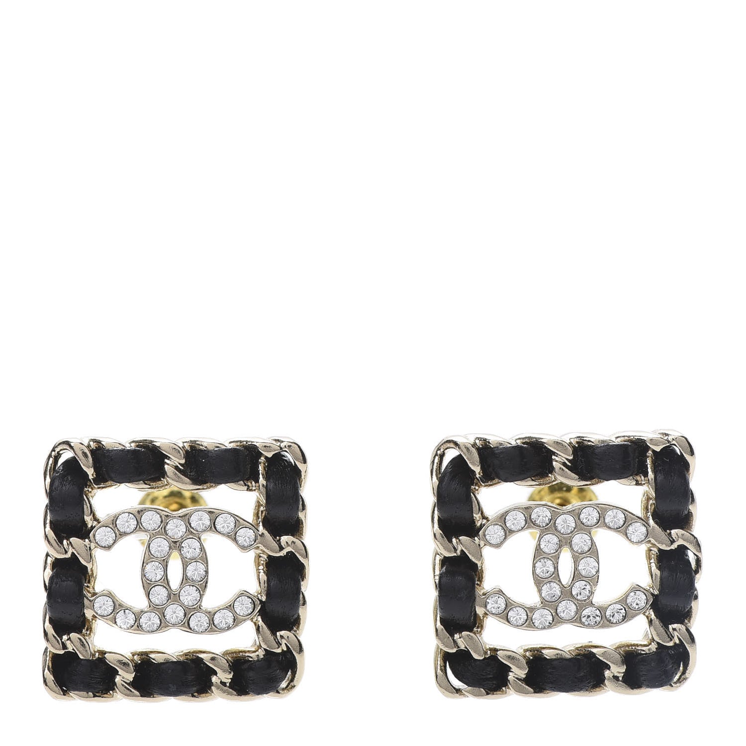 Chanel Crystal Lambskin Chain Sergeant Stud Earrings Black Gold 1 of 5