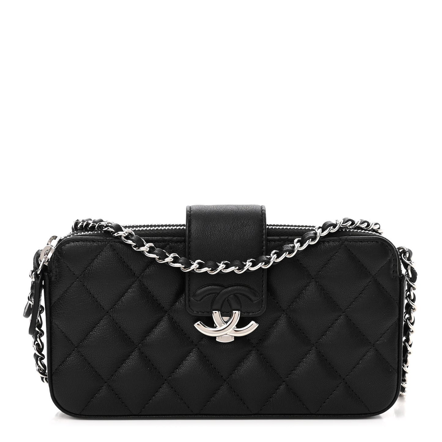 Lambskin Quilted CC Box Clutch With Chain Black