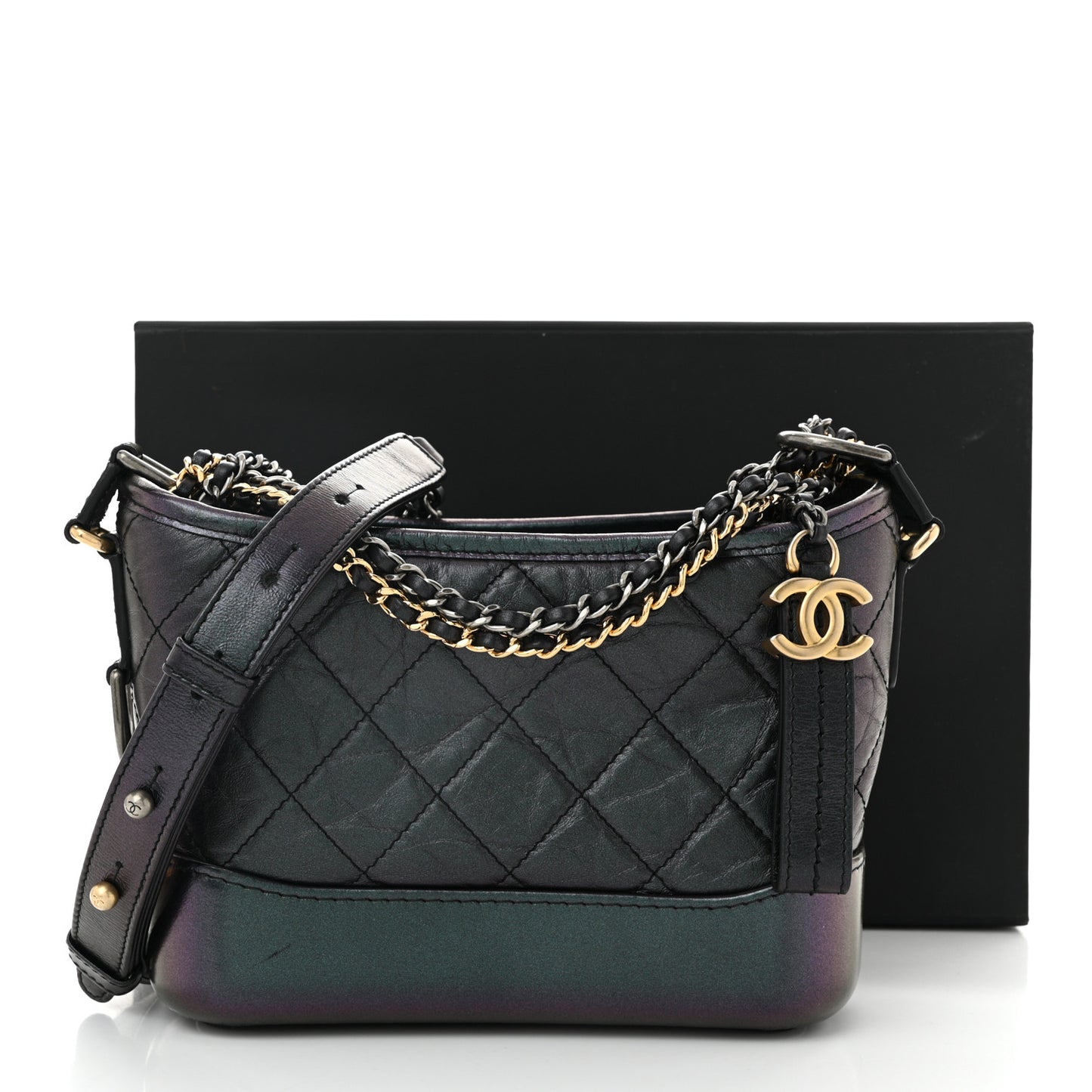 Iridescent Aged Calfskin Quilted Small Gabrielle Hobo Black