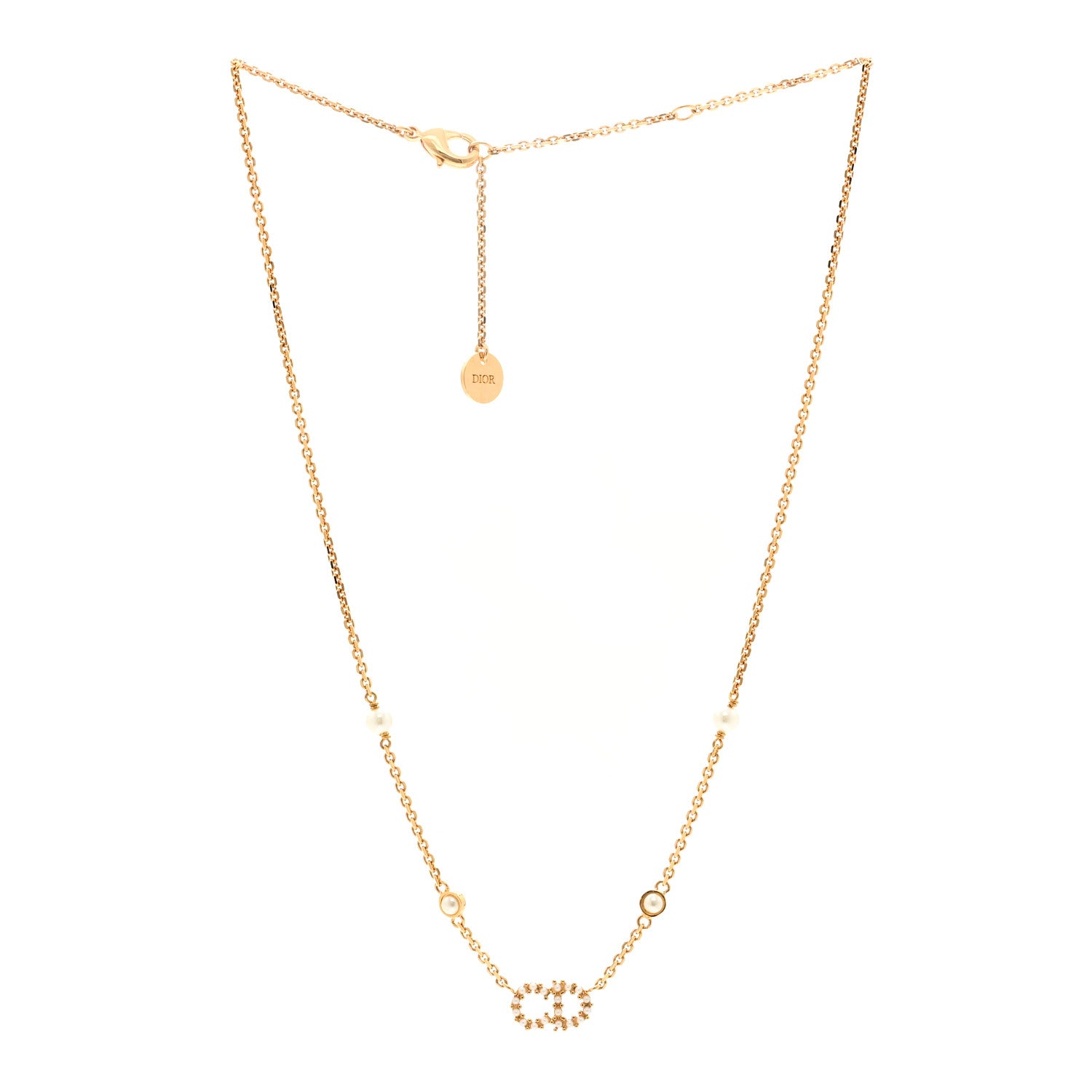 Christian Dior Metal Crystal Pearl Clair D Lune Necklace Gold